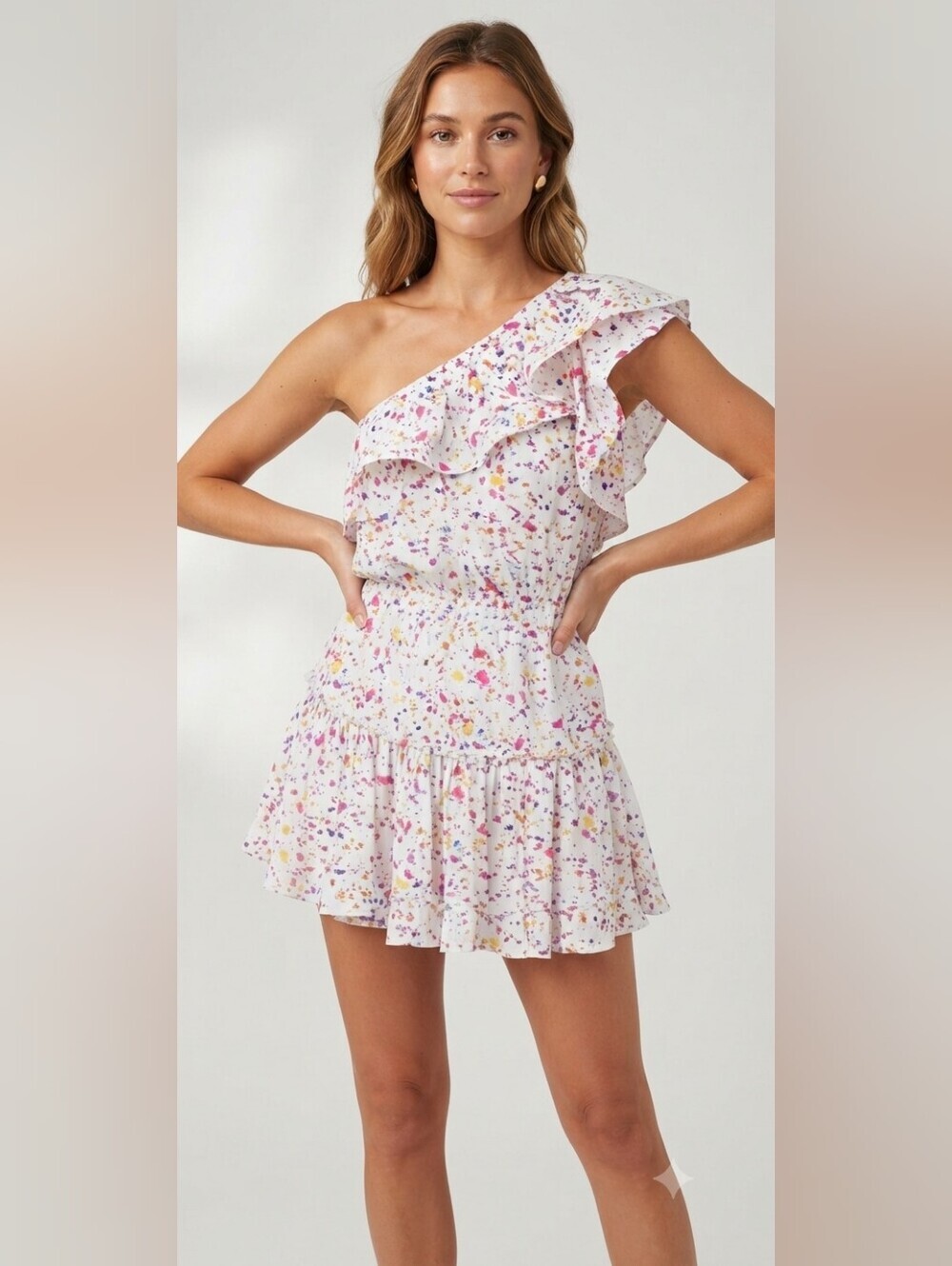 White One-Shoulder Ruffle Mini Dress with Colorful Confetti Paint Splatter Print
